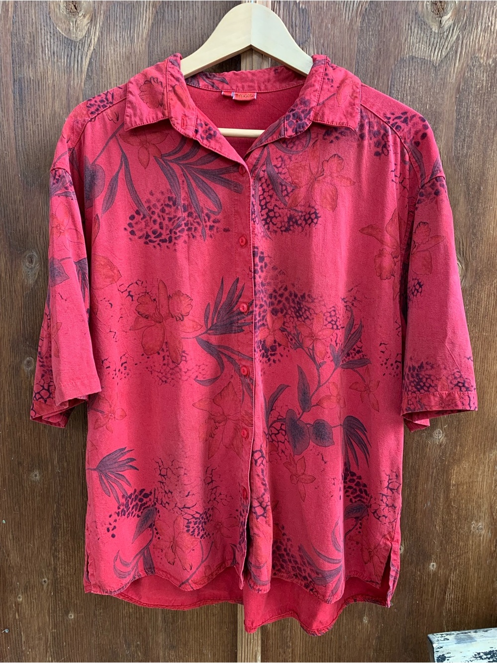 Red Floral Aloha Tianello Mens Camp Button Shirt with Soft Black Tonal Print